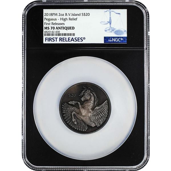 2018PM B.V. Island $20 Pegasus High Relief 2oz Silver Coin NGC MS70 Antiqued FR