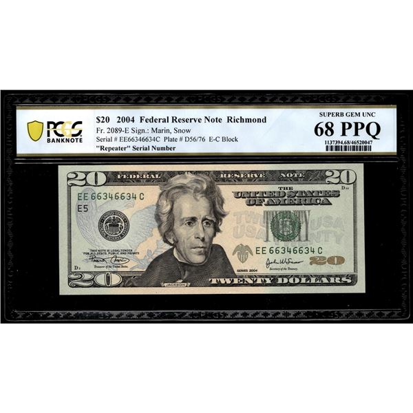 Repeater Serial Number 2004 $20 Federal Reserve Note PCGS Superb Gem Unc 68PPQ