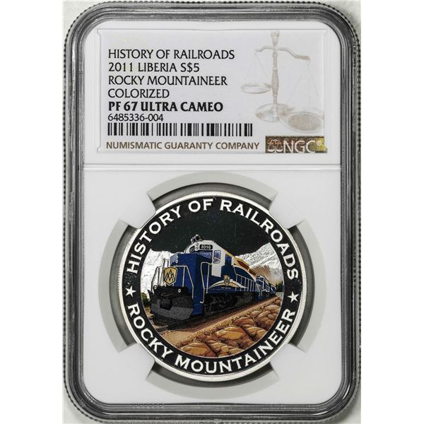 2011 Liberia $5 History of Railroads Rocky Mountaineer Coin NGC PF67 Ultra Cameo