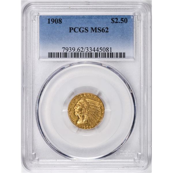 1908 $2 1/2 Indian Head Quarter Eagle Gold Coin PCGS MS62