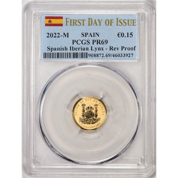 2022M Spain 15 Euro Cent Reverse Proof Lynx Gold Doubloon Coins PCGS PR69 FDOI