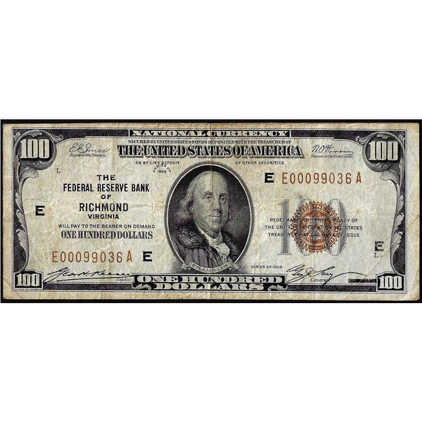 1929 $100 Federal Reserve Bank Note Richmond Virginia