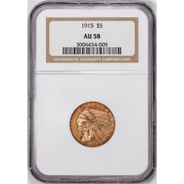 1915 $5 Indian Head Half Eagle Gold Coin NGC AU58