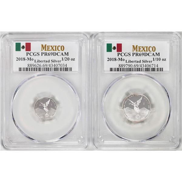 Lot of 2018-Mo Mexico Proof 1/20 and 1/10 oz Silver Libertad Coins PCGS PR69DCAM