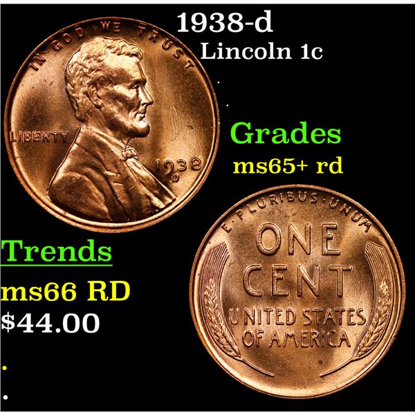 1938-d Lincoln Cent 1c Grades Gem+ Unc RD