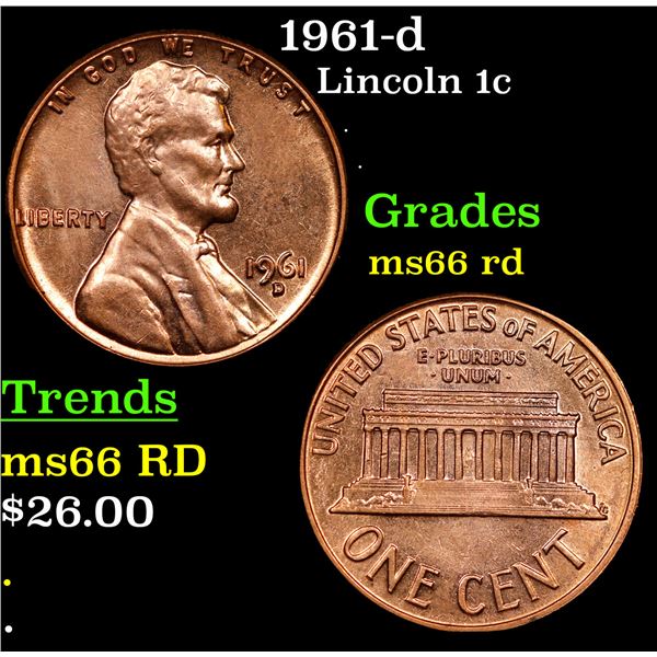 1961-d Lincoln Cent 1c Grades GEM+ Unc RD