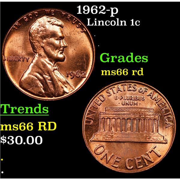 1962-p Lincoln Cent 1c Grades GEM+ Unc RD