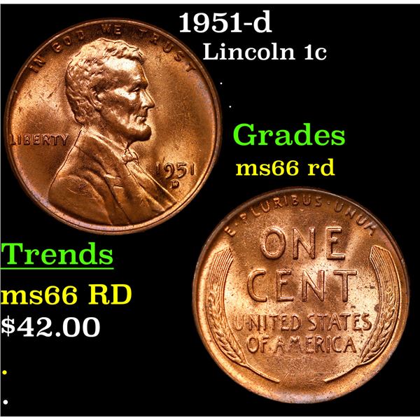 1951-d Lincoln Cent 1c Grades GEM+ Unc RD