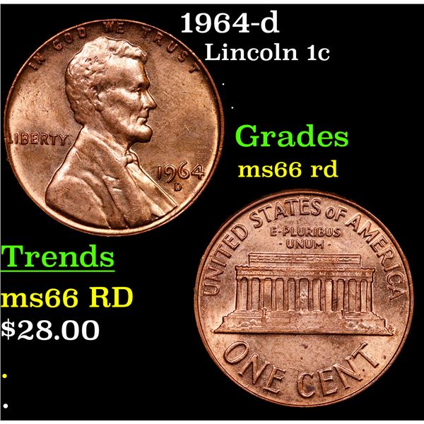 1964-d Lincoln Cent 1c Grades GEM+ Unc RD