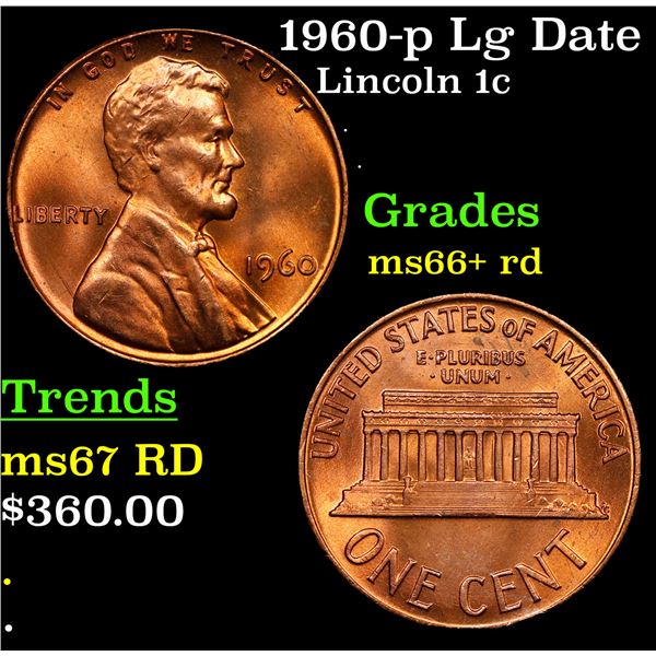 1960-p Lg Date Lincoln Cent 1c Grades GEM++ RD