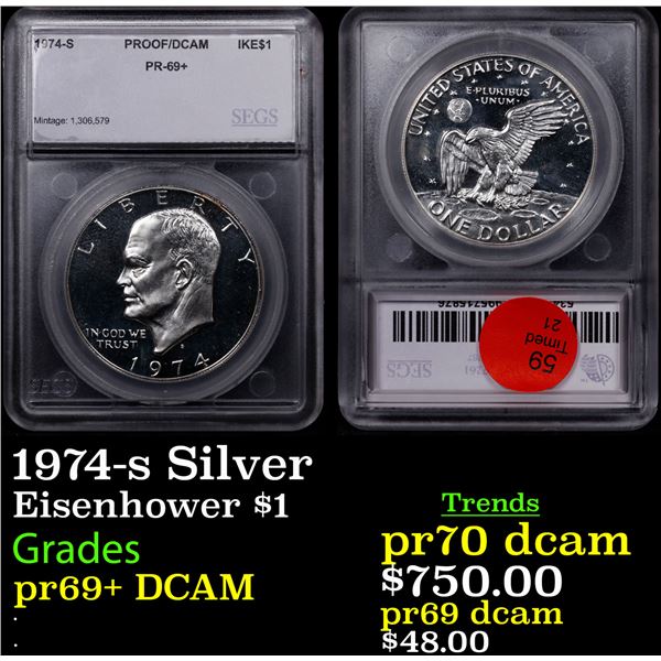 Proof 1974-s Silver Eisenhower Dollar $1 Graded pr69+ BY SEGS