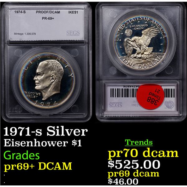 Proof 1971-s Silver Eisenhower Dollar $1 Graded pr69+ BY SEGS