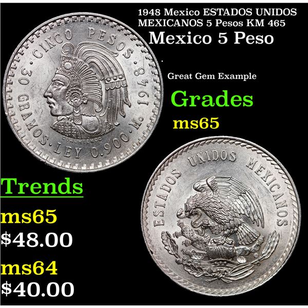 1948 Mexico ESTADOS UNIDOS MEXICANOS 5 Pesos KM 465 Grades GEM Unc