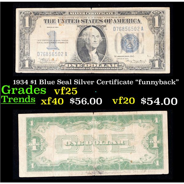 1934 $1 Blue Seal Silver Certificate  funnyback  Grades vf+