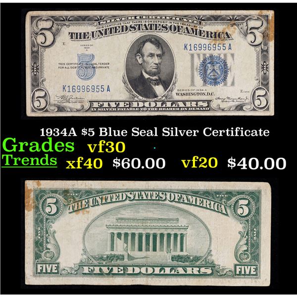 1934A $5 Blue Seal Silver Certificate Grades vf++