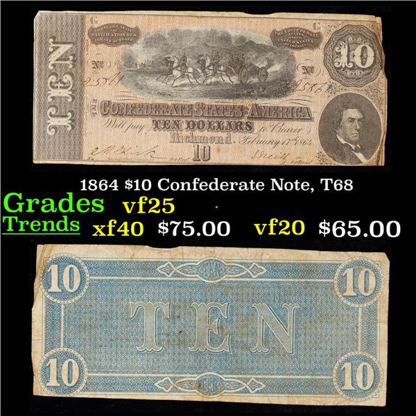 1864 $10 Confederate Note, T68 Grades vf+