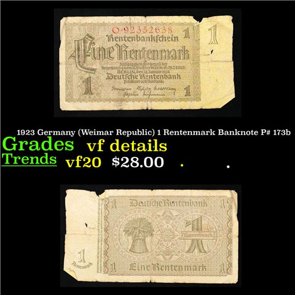 1923 Germany (Weimar Republic) 1 Rentenmark Banknote P# 173b Grades vf details