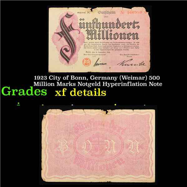 1923 City of Bonn, Germany (Weimar) 500 Million Marks Notgeld Hyperinflation Note Grades xf details