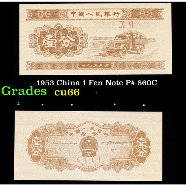 1953 China 1 Fen Note P# 860C Grades Gem+ CU