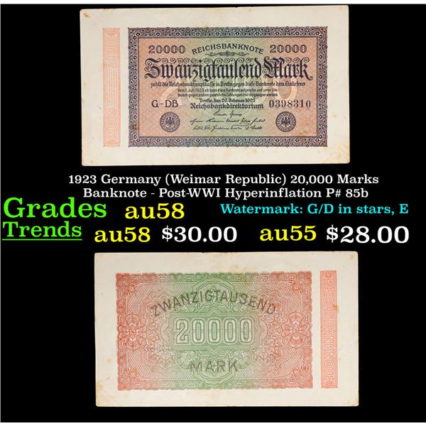 1923 Germany (Weimar Republic) 20,000 Marks Banknote - Post-WWI Hyperinflation P# 85b Grades Choice 