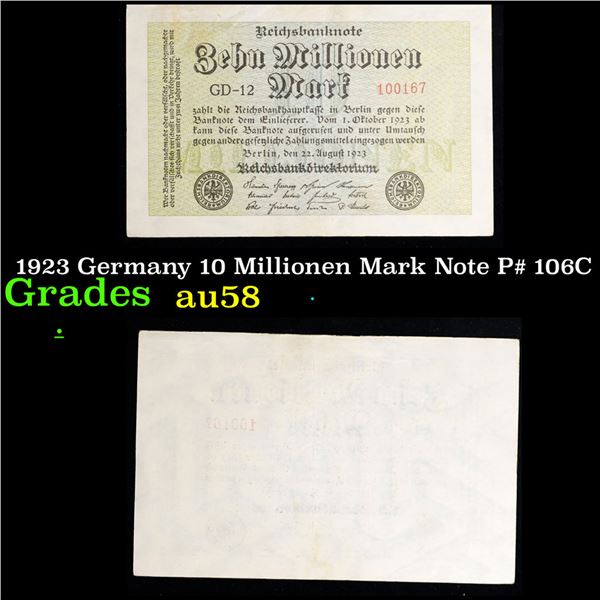 1923 Germany 10 Millionen Mark Note P# 106C Grades Choice AU/BU Slider