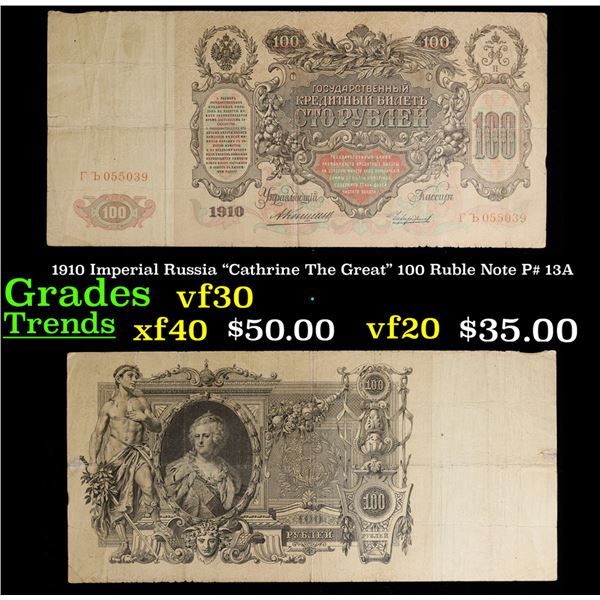 1910 Imperial Russia "Cathrine The Great" 100 Ruble Note P# 13A Grades vf++