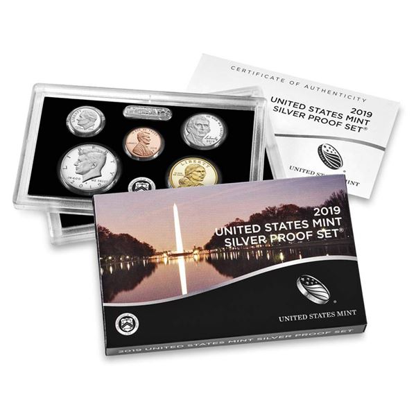 2019 United States Mint Silver Proof Set; 10 pcs, about about 1.4 ounces of pure silver.