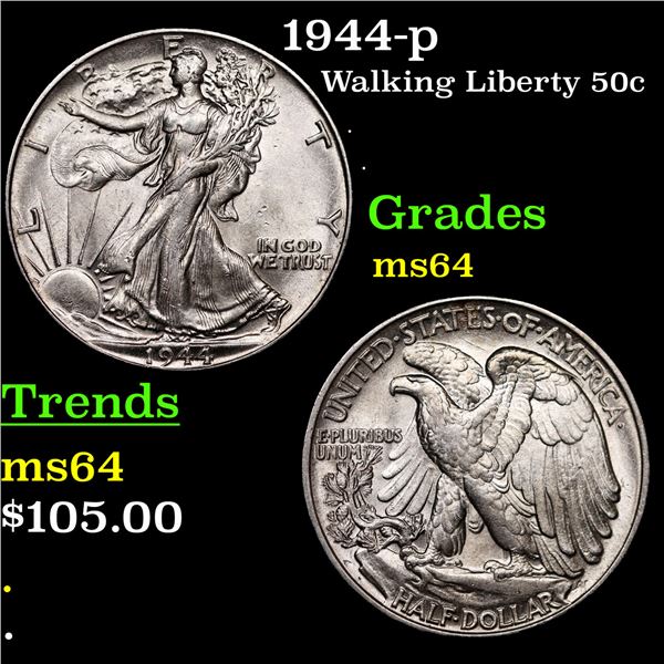 1944-p Walking Liberty Half Dollar 50c Grades Choice Unc