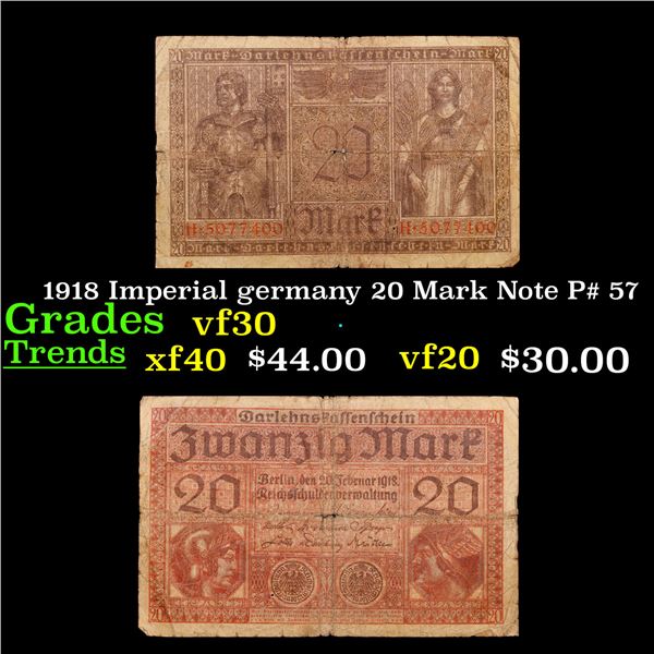 1918 Imperial germany 20 Mark Note P# 57 Grades vf++