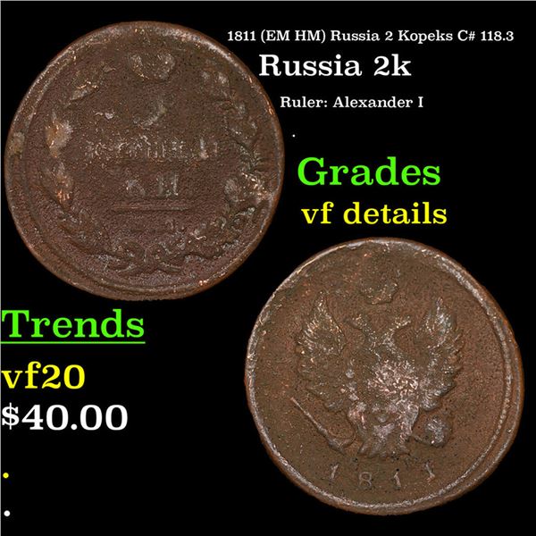 1811 (EM HM) Russia 2 Kopeks C# 118.3 Grades vf details