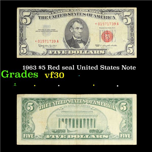 1963 $5 Red seal United States Note Grades vf++