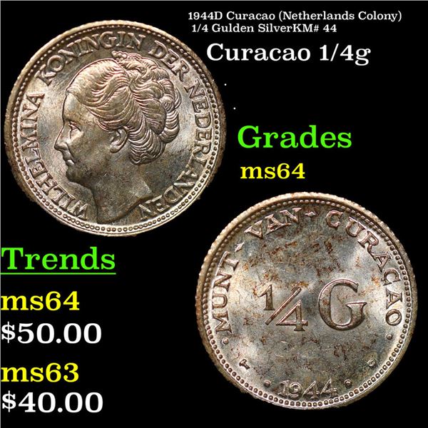 1944D Curacao (Netherlands Colony) 1/4 Gulden SilverKM# 44 Grades Choice Unc