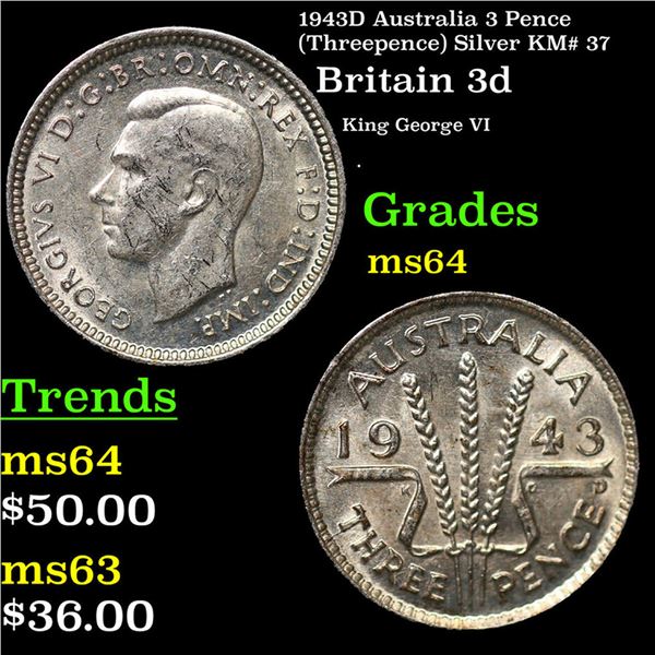 1943D Australia 3 Pence (Threepence) Silver KM# 37 Grades Choice Unc