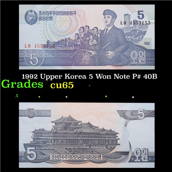 1992 Upper Korea 5 Won Note P# 40B Grades Gem CU