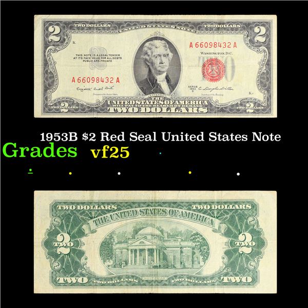 1953B $2 Red Seal United States Note Grades vf+