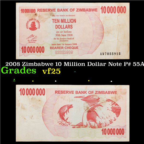 2008 Zimbabwe 10 Million Dollar Note P# 55A Grades vf+