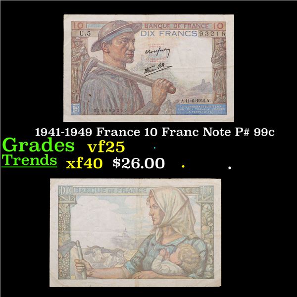 1941-1949 France 10 Franc Note P# 99c Grades vf+