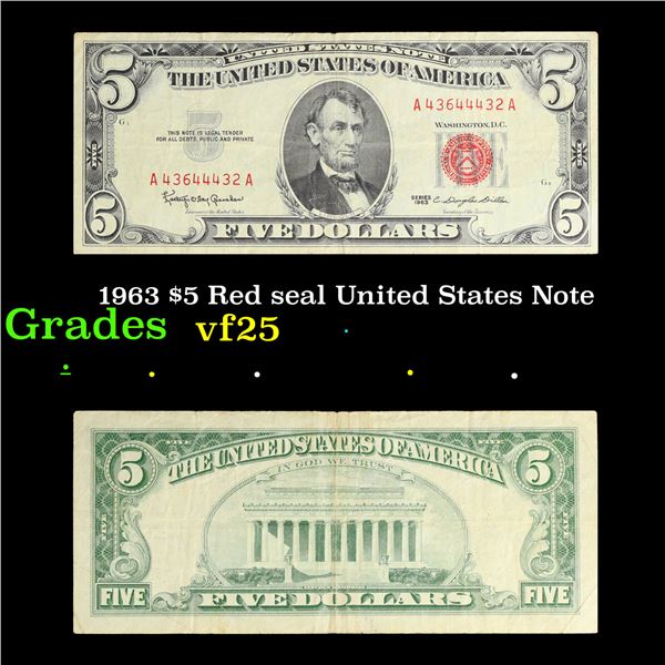 1963 $5 Red seal United States Note Grades vf+