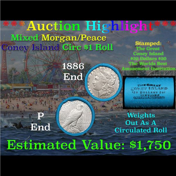 ***Auction Highlight*** Coney Island Shotgun 1886 & 'P' Ends Mixed Morgan/Peace Silver dollar roll, 