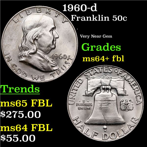 1960-d Franklin Half Dollar 50c Grades Choice Unc+ FBL