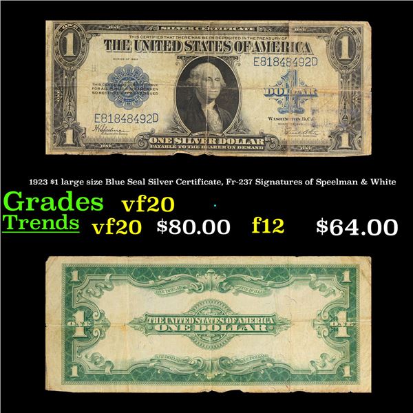 1923 $1 large size Blue Seal Silver Certificate, Fr-237 Signatures of Speelman & White Grades vf, ve