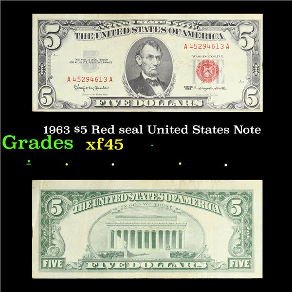 1963 $5 Red seal United States Note Grades xf+