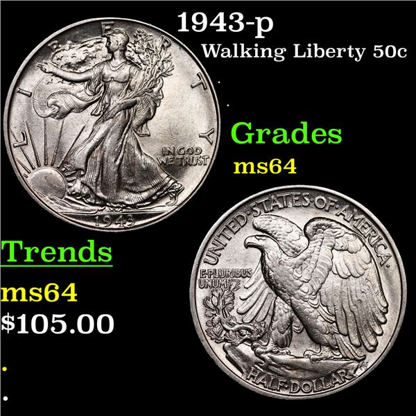 1943-p Walking Liberty Half Dollar 50c Grades Choice Unc