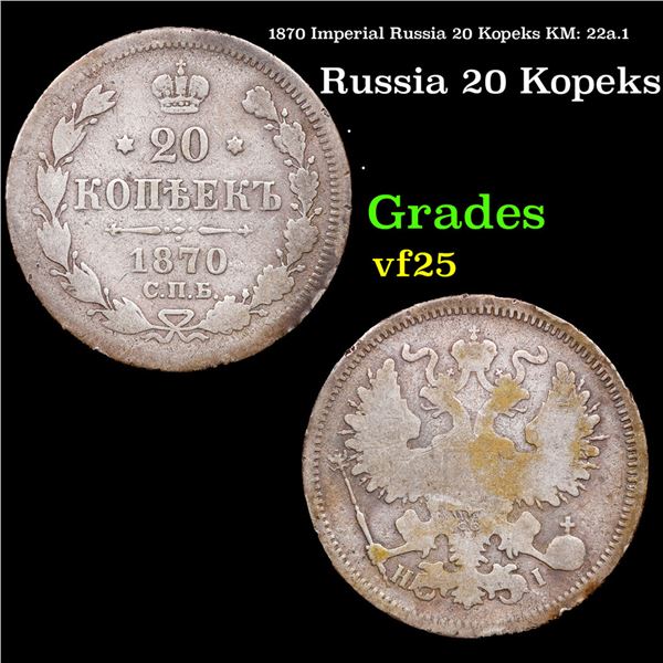 1870 Imperial Russia 20 Kopeks KM: 22a.1 Grades vf+