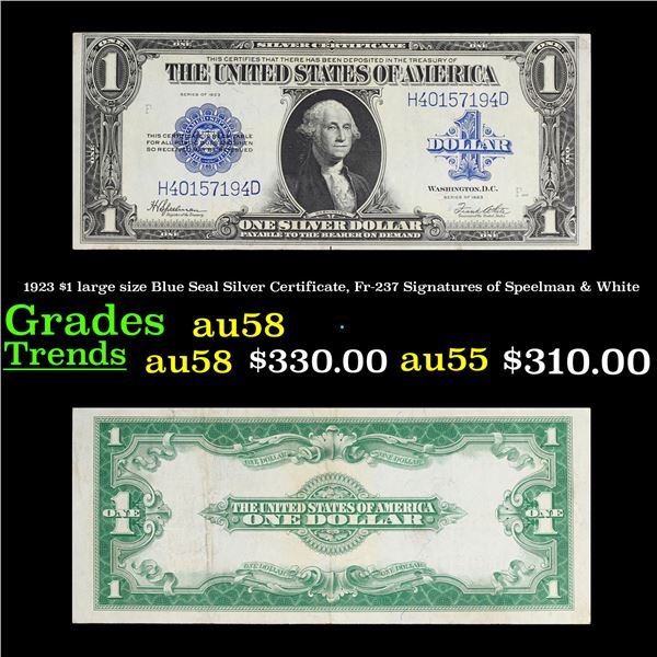 1923 $1 large size Blue Seal Silver Certificate, Fr-237 Signatures of Speelman & White Grades Choice