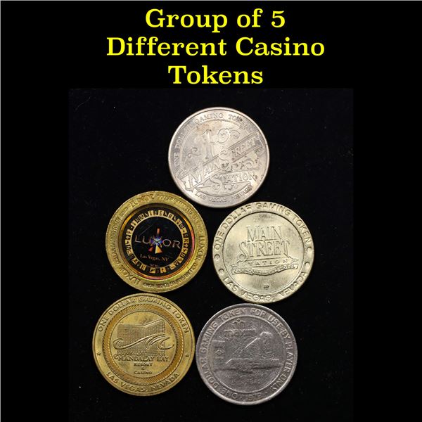 Group of 5 Casino Tokens All Different