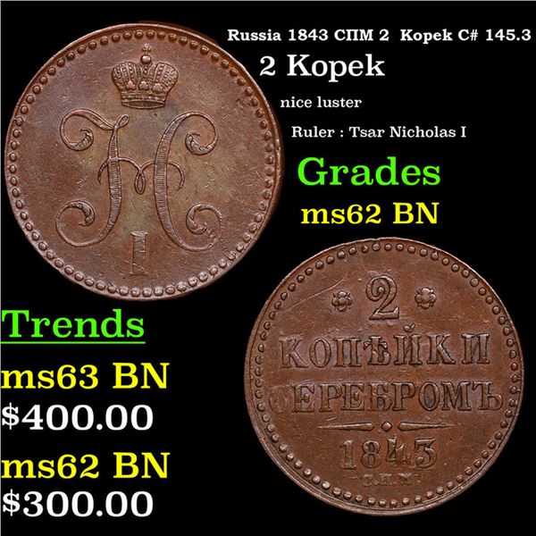 Russia 1842 ??? 2  Kopek C# 145.3 Graded ms62 BN