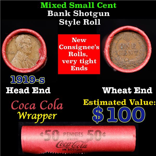 Mixed small cents 1c orig shotgun roll, 1919-s Lincoln Cent, Wheat Cent other end, Coca Cola Brandt 