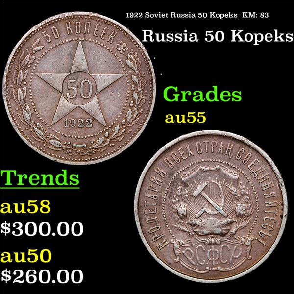 1922 Soviet Russia 50 Kopeks  KM: 83 Grades Choice AU