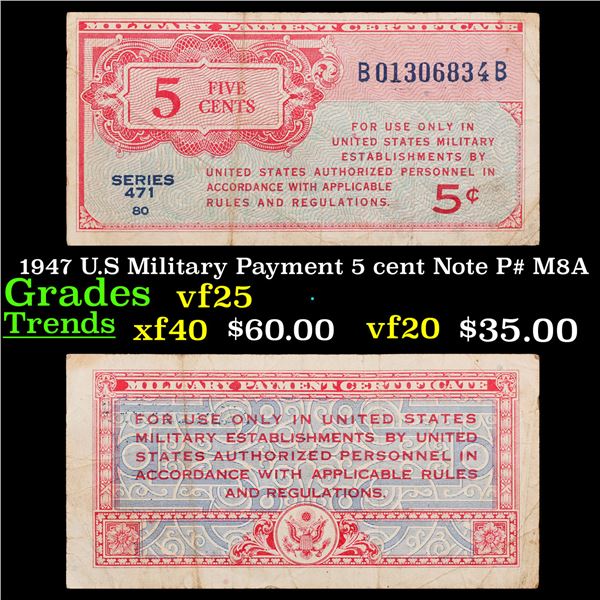 1947 U.S Military Payment 5 cent Note P# M8A Grades vf+